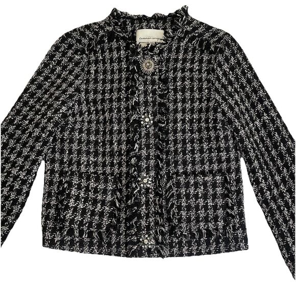 Common Unique Tweed Fringe Trim  Houndstooth Embellished Buttons Blazer- S - Picture 2 of 14